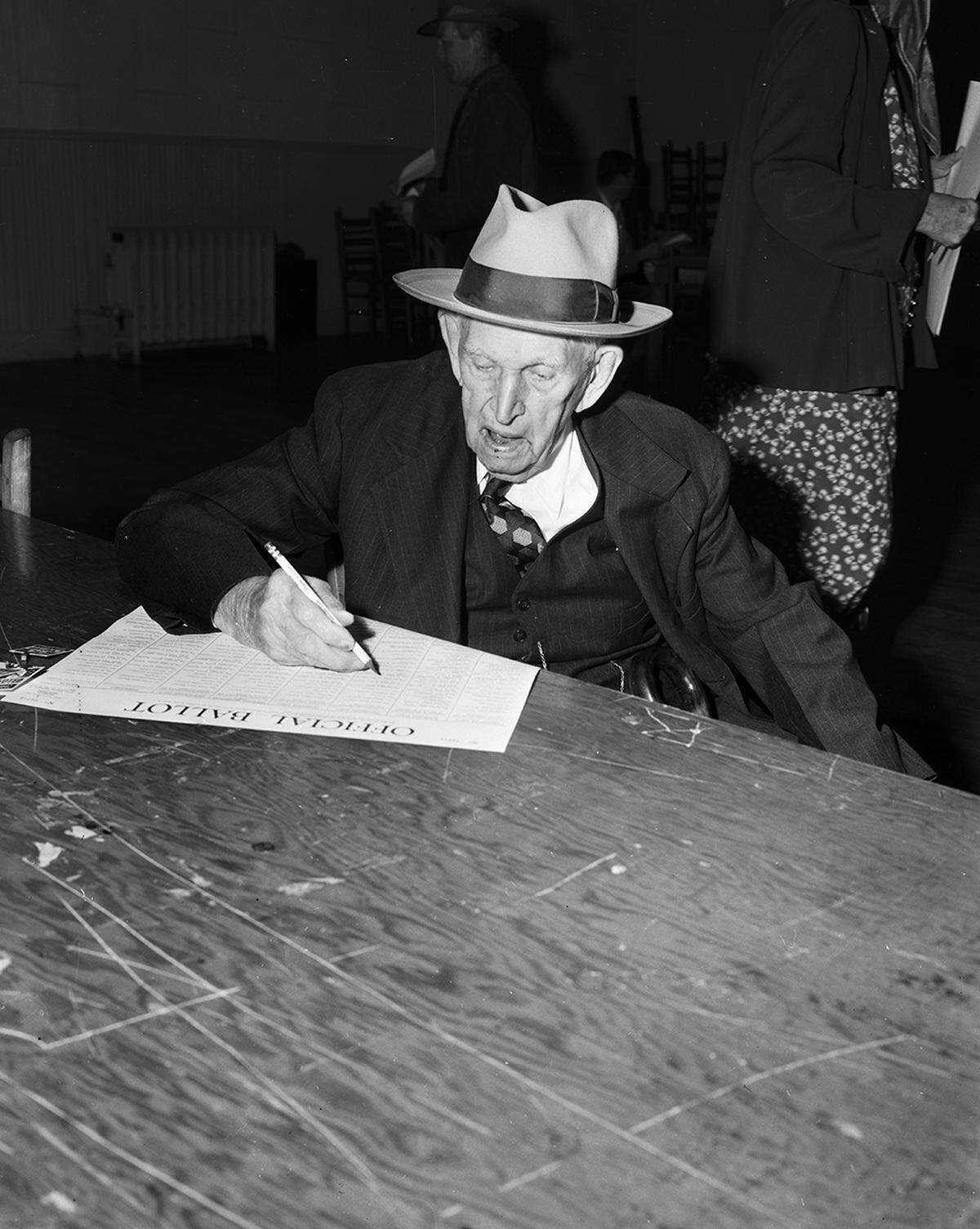 Nov. 4, 1952: W.C. Pitchford, 93, of 2705 Roosevelt has been voting 70 years. He cast his ballot for Gen. Dwight Eisenhower for president.