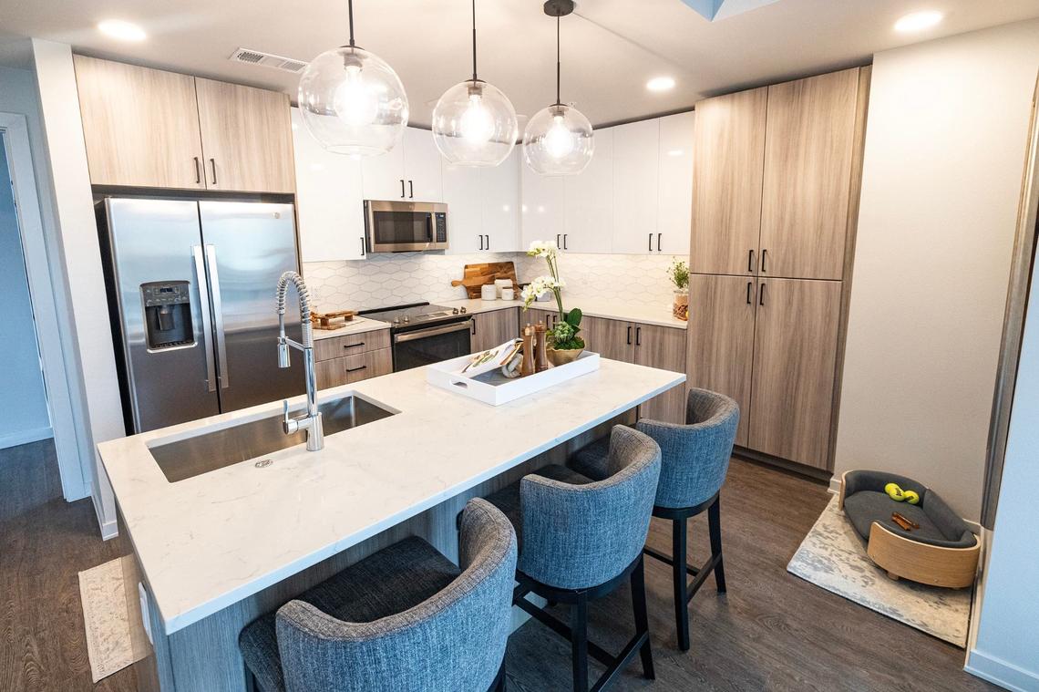 A model of the two bedroom, two bathroom apartment in the new Deco 969 High-Rise Apartments in downtown Fort Worth on Wednesday, July 17, 2024.