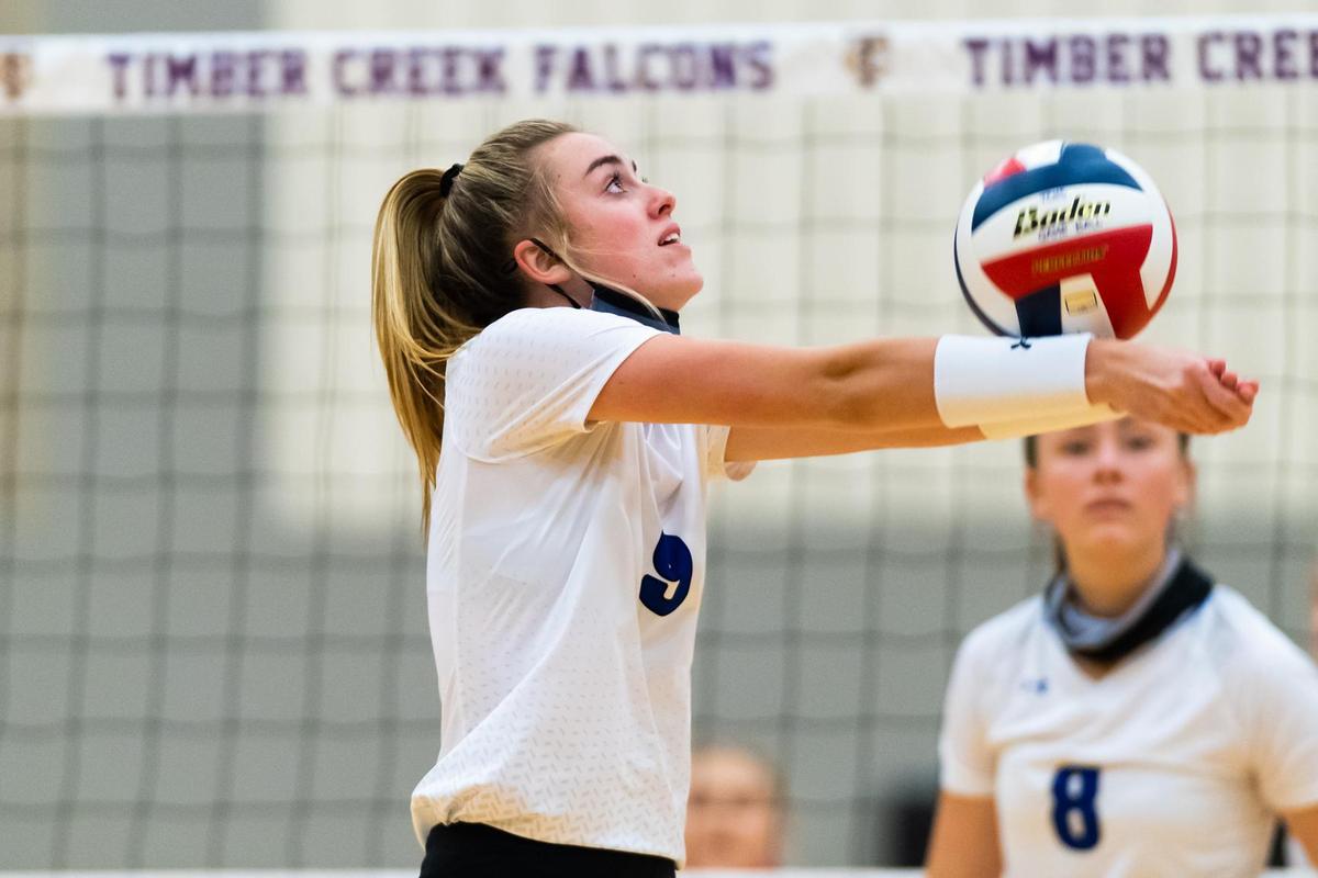 Samantha Hoppes (9) passes the ball during a district game between Byron Nelson and Timber Creek, at Timber Creek in Keller on October 17, 2020. (Photo by Matt Smith. Special to the Star-Telegram).