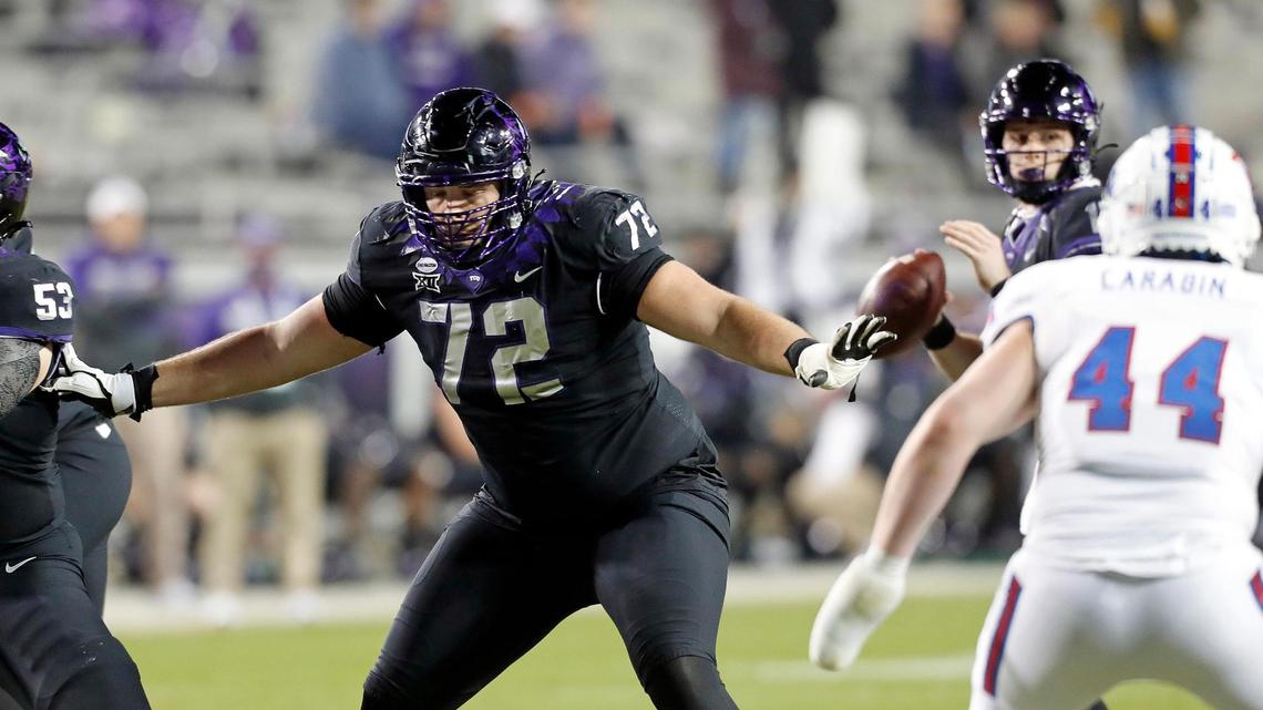 T.J. Storment (72) spent the 2020 season with the TCU Horned Frogs before finishing his college career at Texas Tech in 2021. He’ll return to Fort Worth to take part in the College Gridiron Showcase next week.