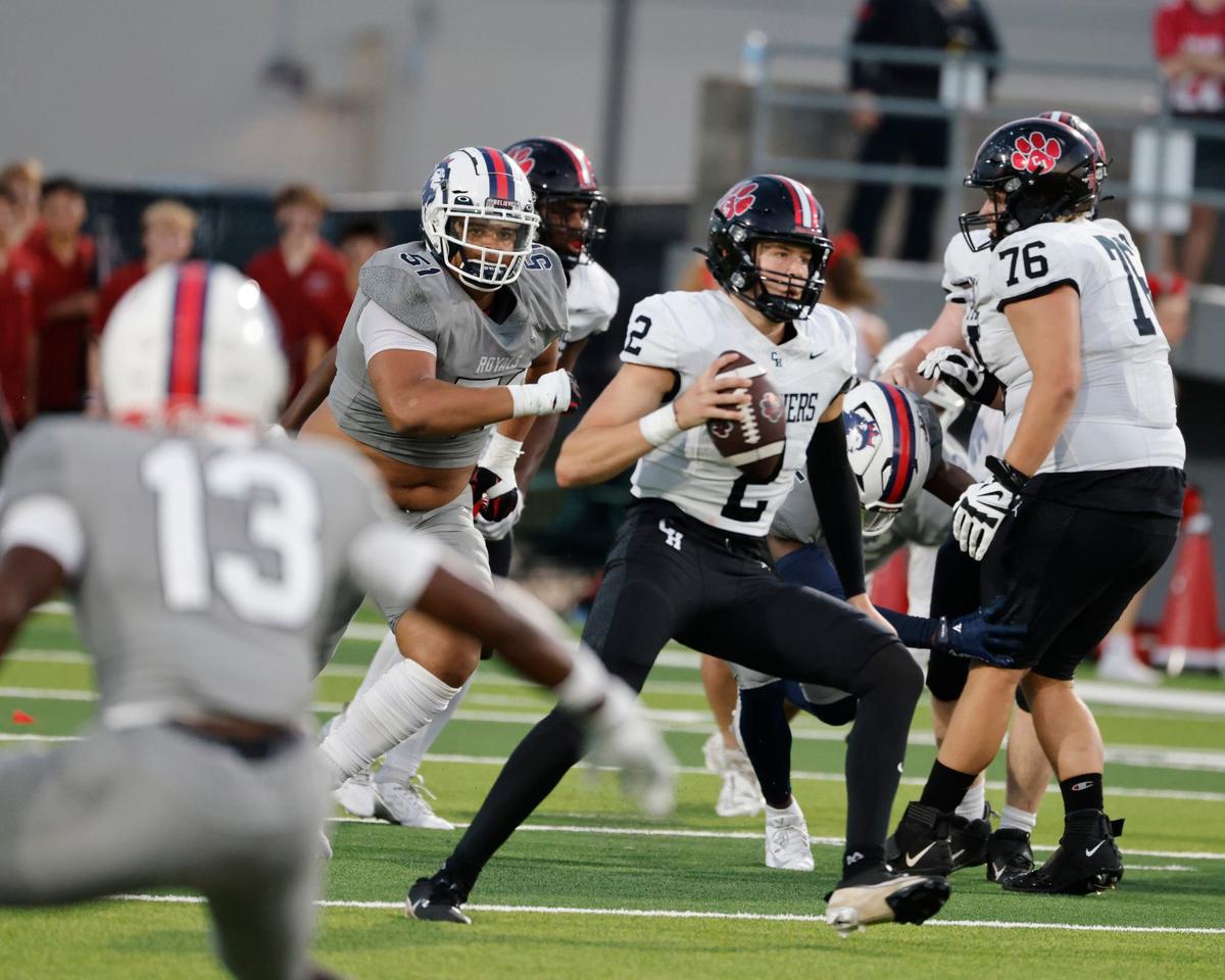 Colleyville quarterback Bodey Weaver (2) looks to get out of the pocket during a UIL football game at Birdville Fine Arts and Activity Center in North Richland Hills Friday, Sept. 6, 2024.