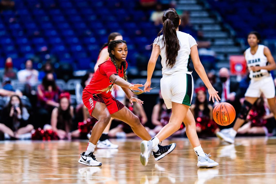 Jazzy Ownes-Barnett shuffles on defense during the 5A state final between Frisco Liberty and Cedar Park at the Alamodome in San Antonio Texas, on March 10, 2021. Cedar Park went on to win 46-39. (Photo by Matt Smith. Special to the Star-Telegram).