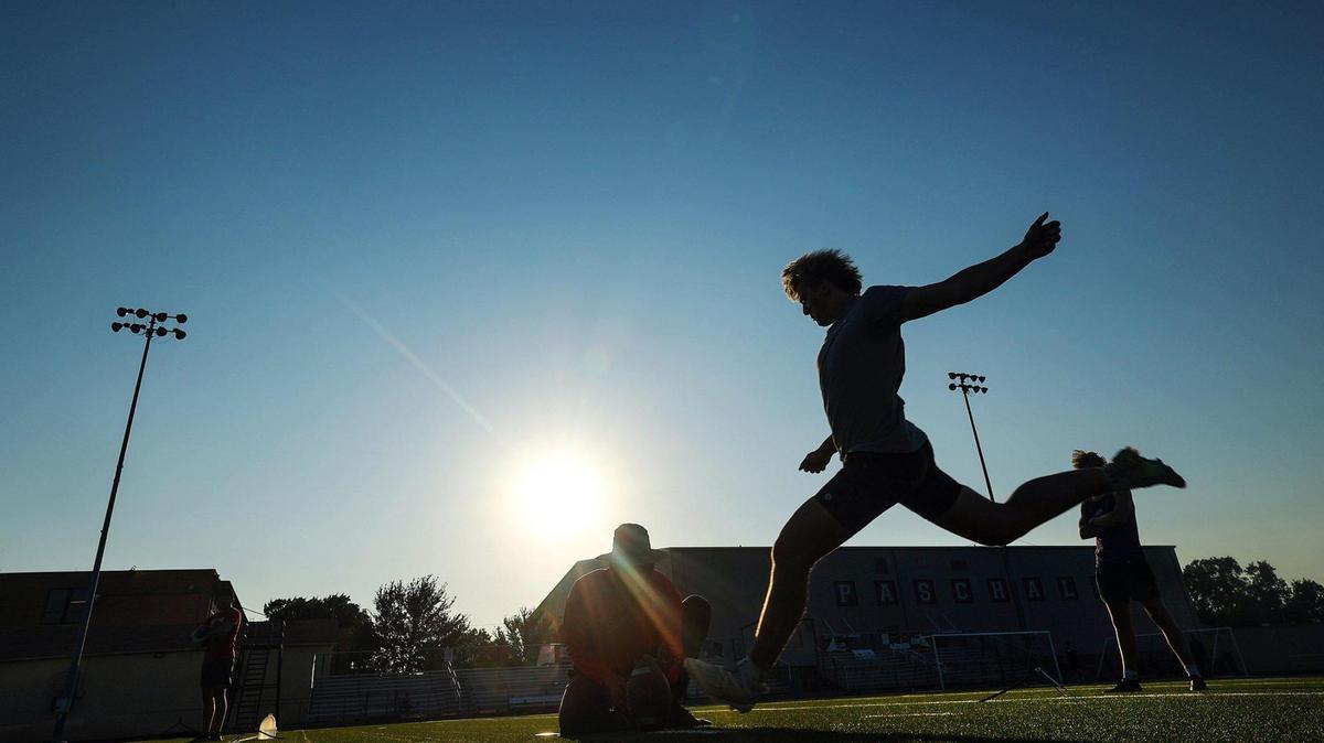 Southlake Carroll kicker Kyle Lemmermann works out with former TCU kicker Jaden Oberkromworkout on Monday, July 24, 2023, at Paschal High School in Fort Worth. Lemmermann is a TCU commit and Chris Sailer’s No. 1 ranked kicker in the nation.