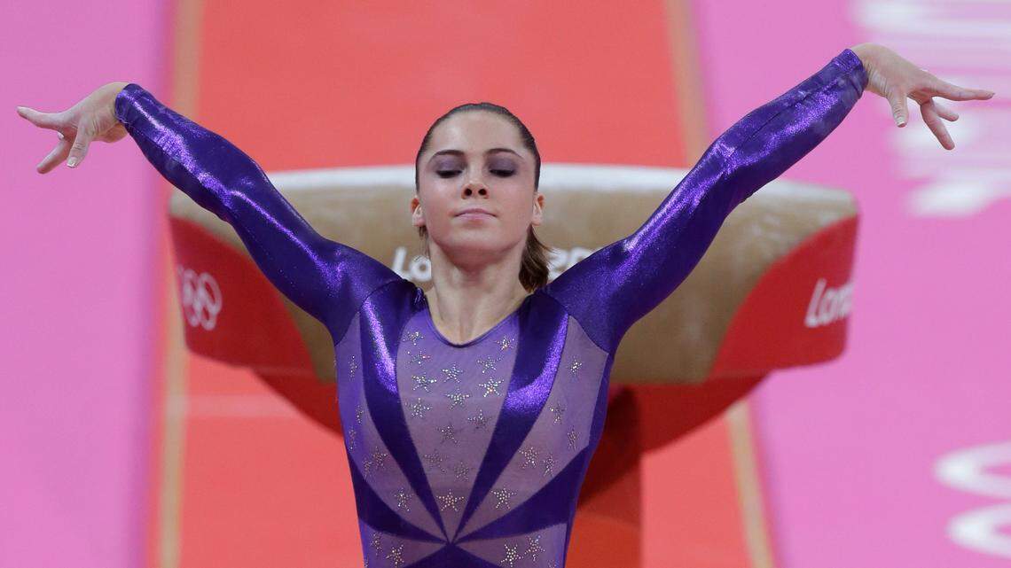 FILE - In this July 29, 2012, file photo, U.S. gymnast McKayla Maroney poses after completing her routine on the vault during the Artistic Gymnastic women’s qualifications at the 2012 Summer Olympics in London.