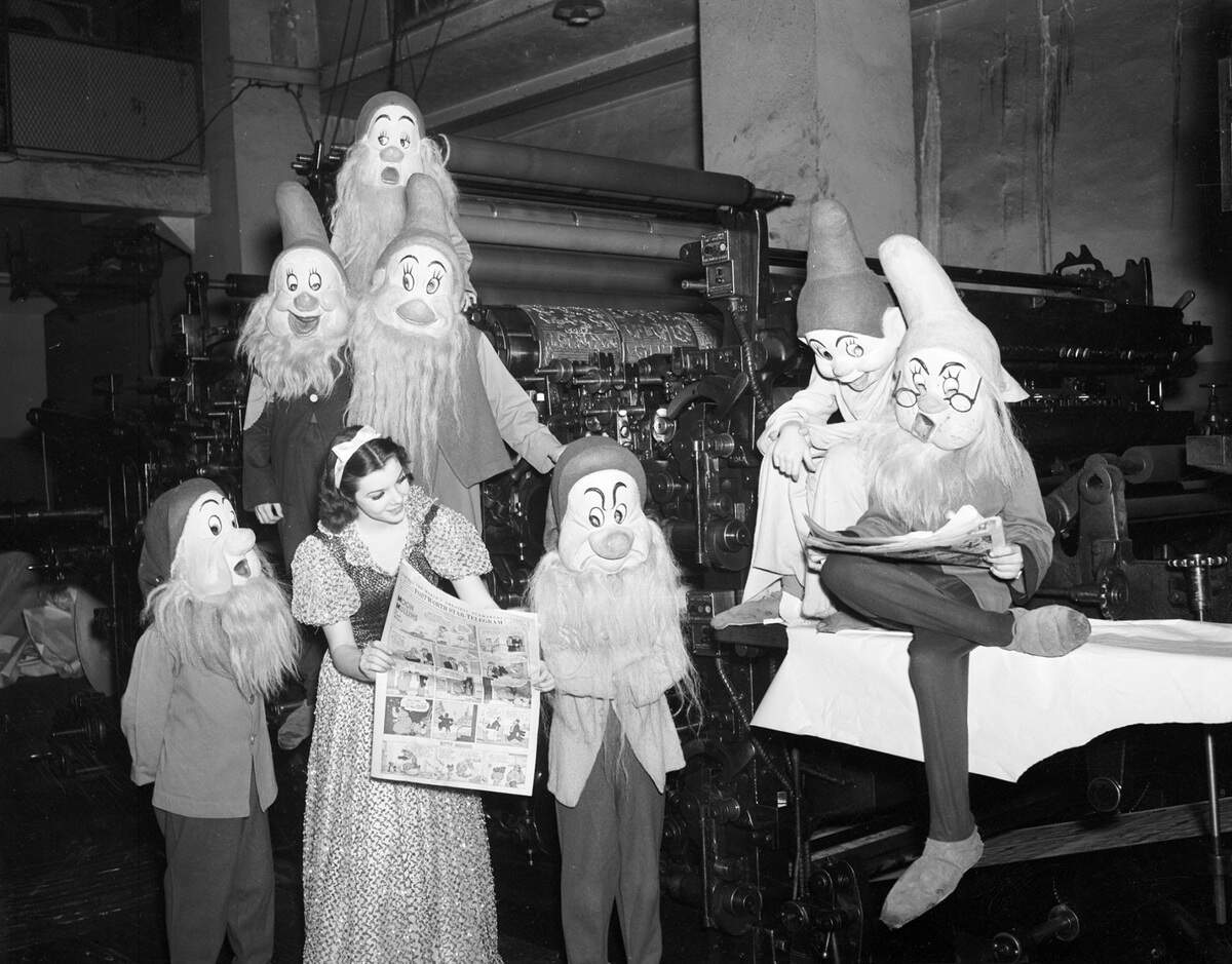 March 21, 1938: Snow White and the Seven Dwarfs on a personal tour preceding the motion picture’s opening at the Hollywood Theater in Fort Worth.