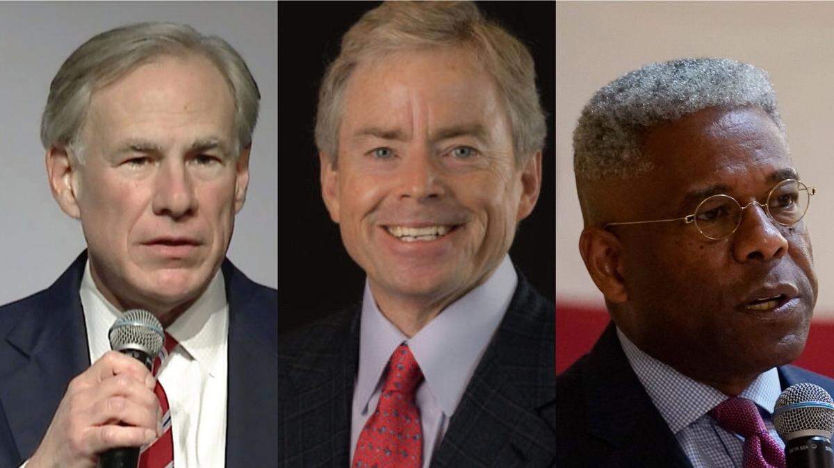 From left: Gov. Greg Abbott, former state Sen. Don Huffines and former U.S. Rep. Allen West.