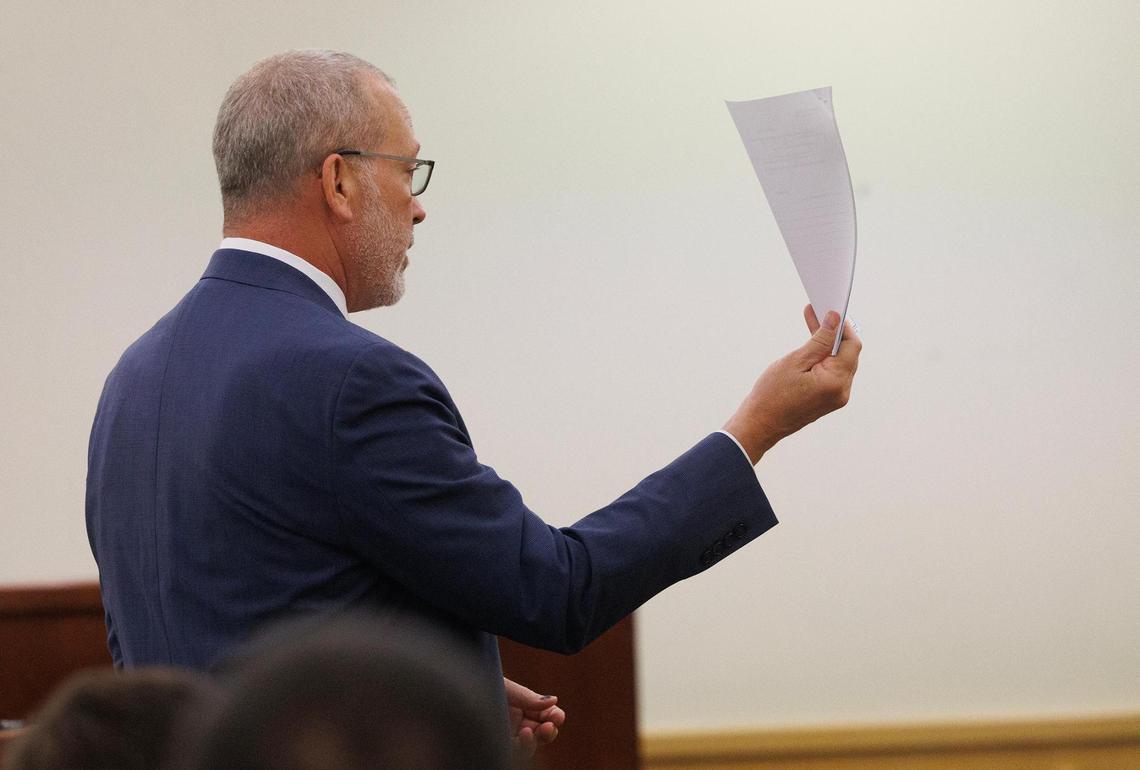Defense attorney Shawn Paschall gives his closing argument in the punishment phase of Lamont Cousins’ trial on Wednesday, April 30, at the Tim Curry Criminal Justice Center in Fort Worth. Cousins was found guilty of capital murder in the shooting deaths of three victims on Dec. 14, 2020, and was sentenced to life without parole.