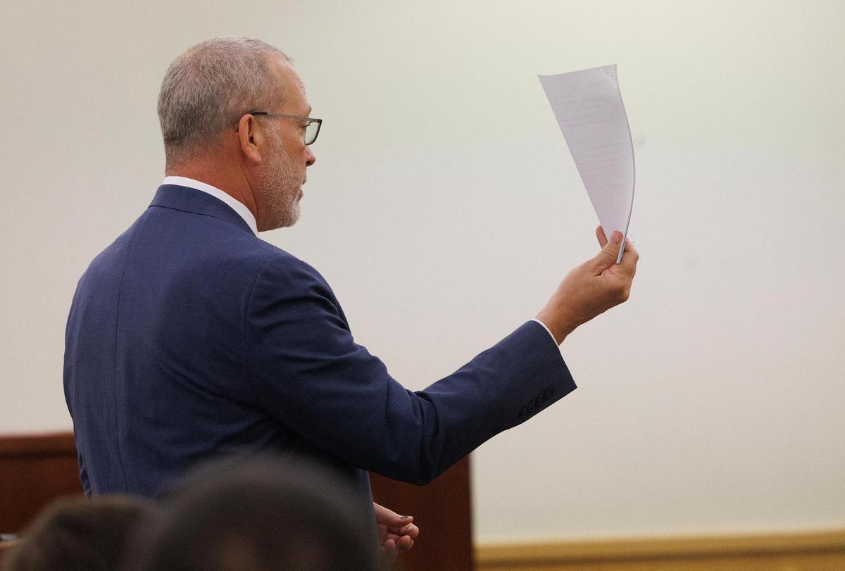 Defense attorney Shawn Paschall gives his closing argument in the punishment phase of Lamont Cousins’ trial on Wednesday, April 30, at the Tim Curry Criminal Justice Center in Fort Worth. Cousins was found guilty of capital murder in the shooting deaths of three victims on Dec. 14, 2020, and was sentenced to life without parole.