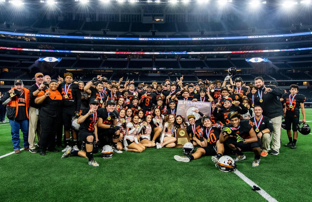 Refugio pose with their championship trophy after winning 2A Divison 1, State Championship in Arlington at AT&T Stadium on December 18, 2019. Photo by Matt Smith (Special to the Star-Telegram).