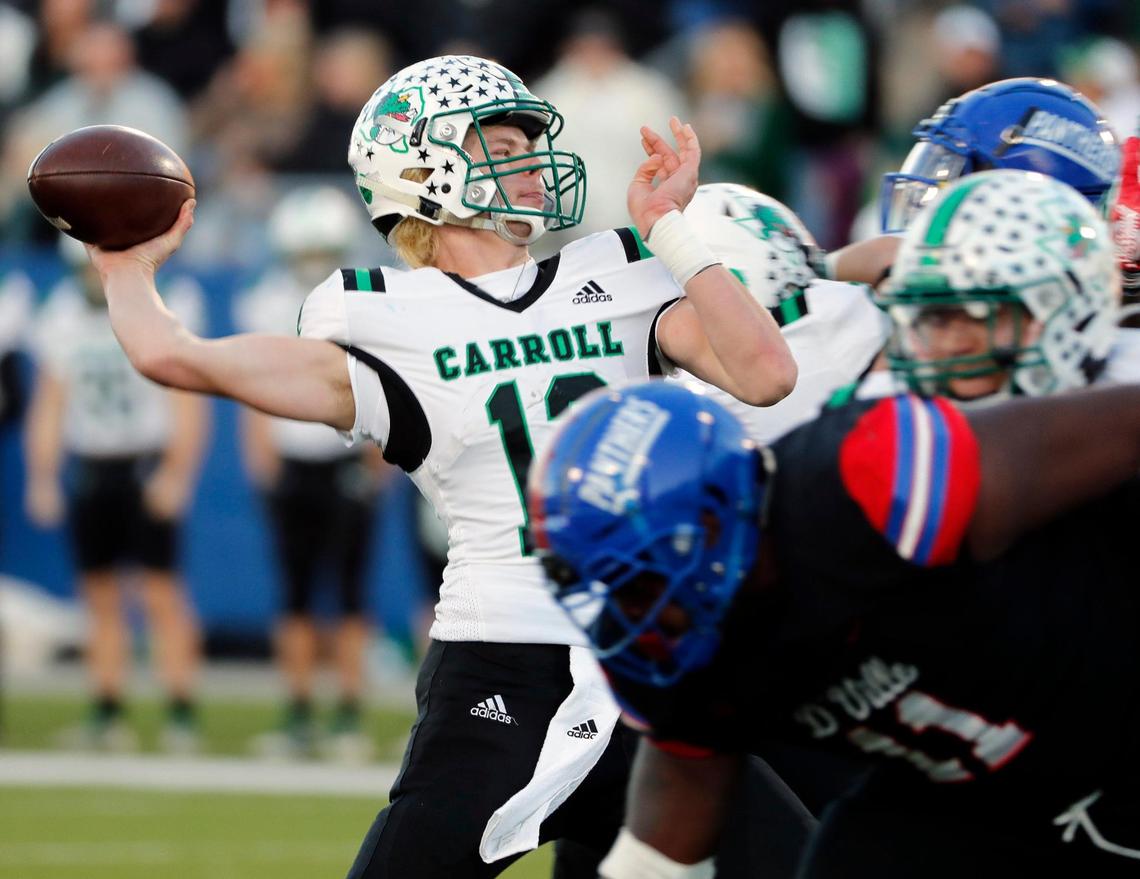 Southlake quarterback Kaden Anderson (12) throws under duress during a high school Class 6A Division 1 semifinal playoff game at McKinney ISD Stadium in McKinney, Texas, Saturday, Dec. 11, 2021. Duncanville led Southlake Carroll 21-3 at the half. (Special to the Star-Telegram Bob Booth)