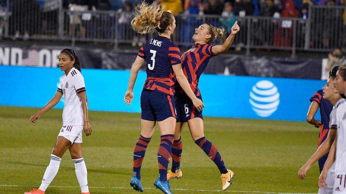 Samantha Mewis, left, celebrates her goal with teammate Kristie Mewis during the first half of an international friendly soccer match against Mexico on Thursday in East Hartford, Conn. The U.S. beat Mexico 4-0 on Monday.