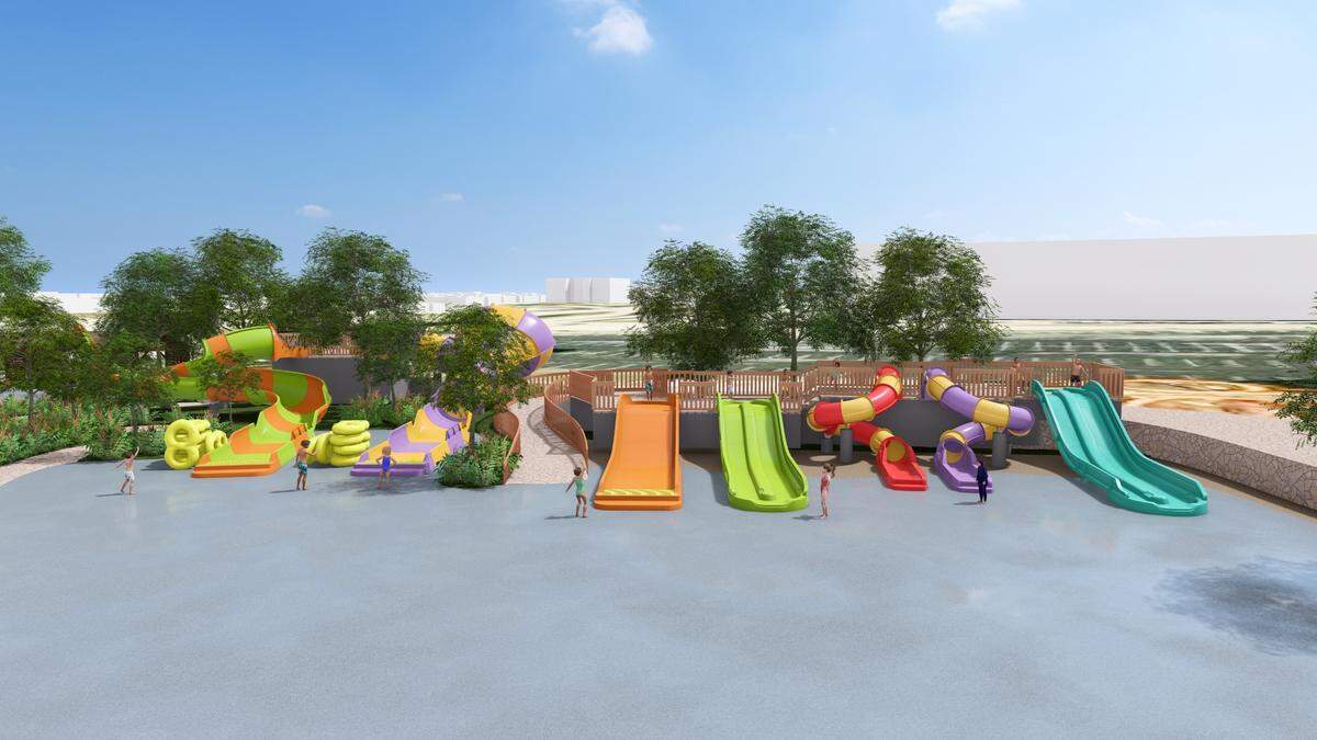 A rendering of the seven kid-friendly slides at the Splash Island expansion coming to Hurricane Harbor in Arlington.