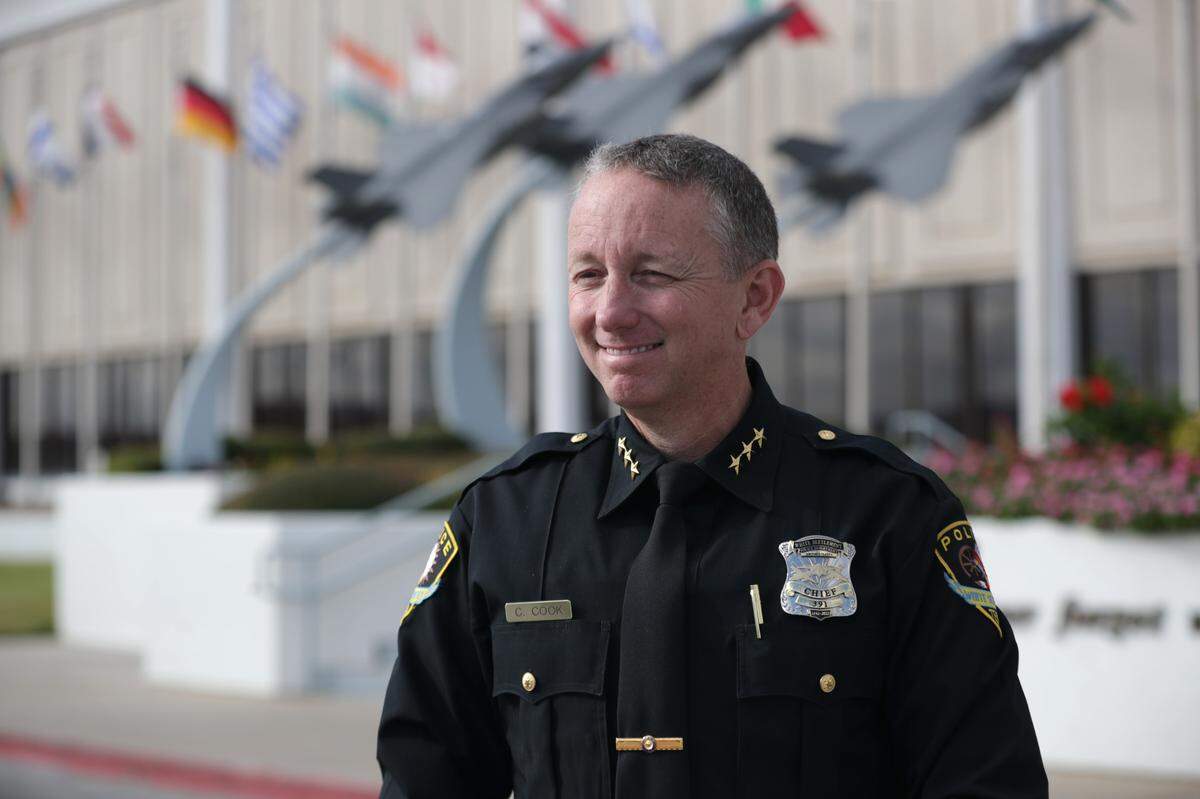 White Settlement Police Chief Christopher Cook wears a new badge in collaboration with Lockheed Martin in Fort Worth on Wednesday, Nov. 2, 2022. White Settlement police will wear a new badge to honor 80 years of partnership between the City of White Settlement and Air Force Plant #4.