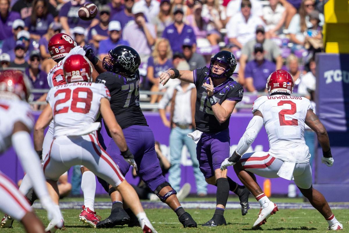 TCU quarterback Max Duggan throws a pass during their game against OU at the Amon G. Carter Stadium in Fort Worth, Texas, on Saturday, Oct. 1, 2022.