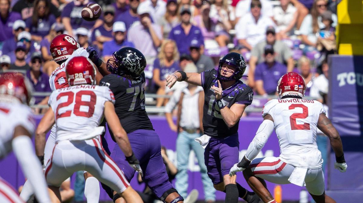 TCU quarterback Max Duggan throws a pass during their game against Oklahoma at the Amon G. Carter Stadium last Saturday. Facing a questionable Kansas secondary, Duggan could have another big day..