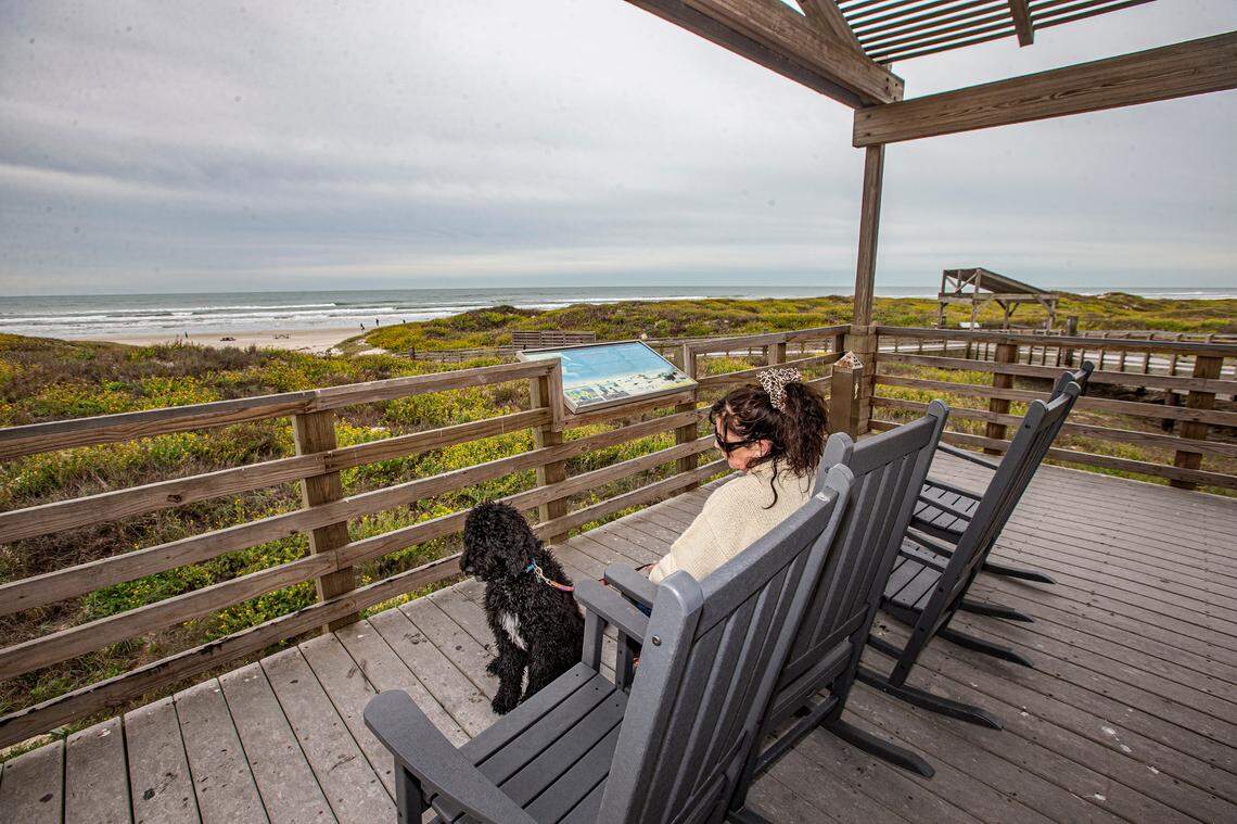The Malaquite Visitor Center has rocking chairs with a view of the Gulf of Mexico inside Padre Island National Seashore in Texas Wednesday, Nov. 22, 2023.