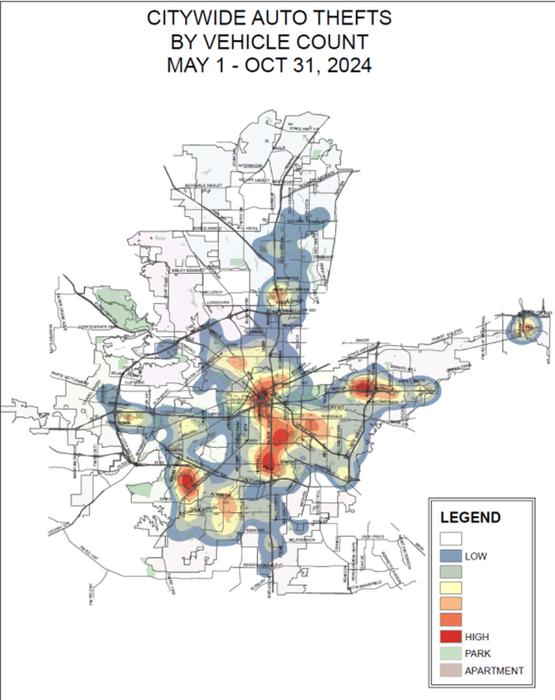 A map of vehicle thefts reported around the city of Fort Worth.
