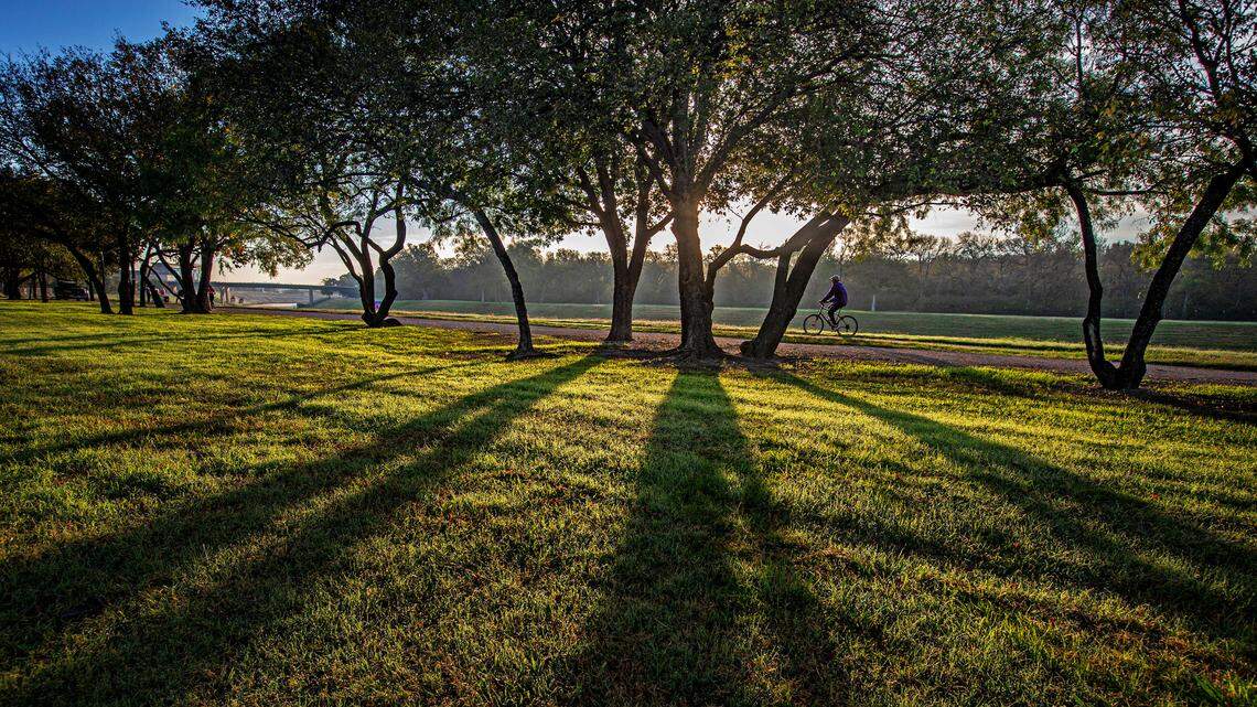 A bicyclists makes his way along a portion of the Fort Worth Branch Trail of the Trinity Trail Systems Sunday, Nov. 12, 2023.
