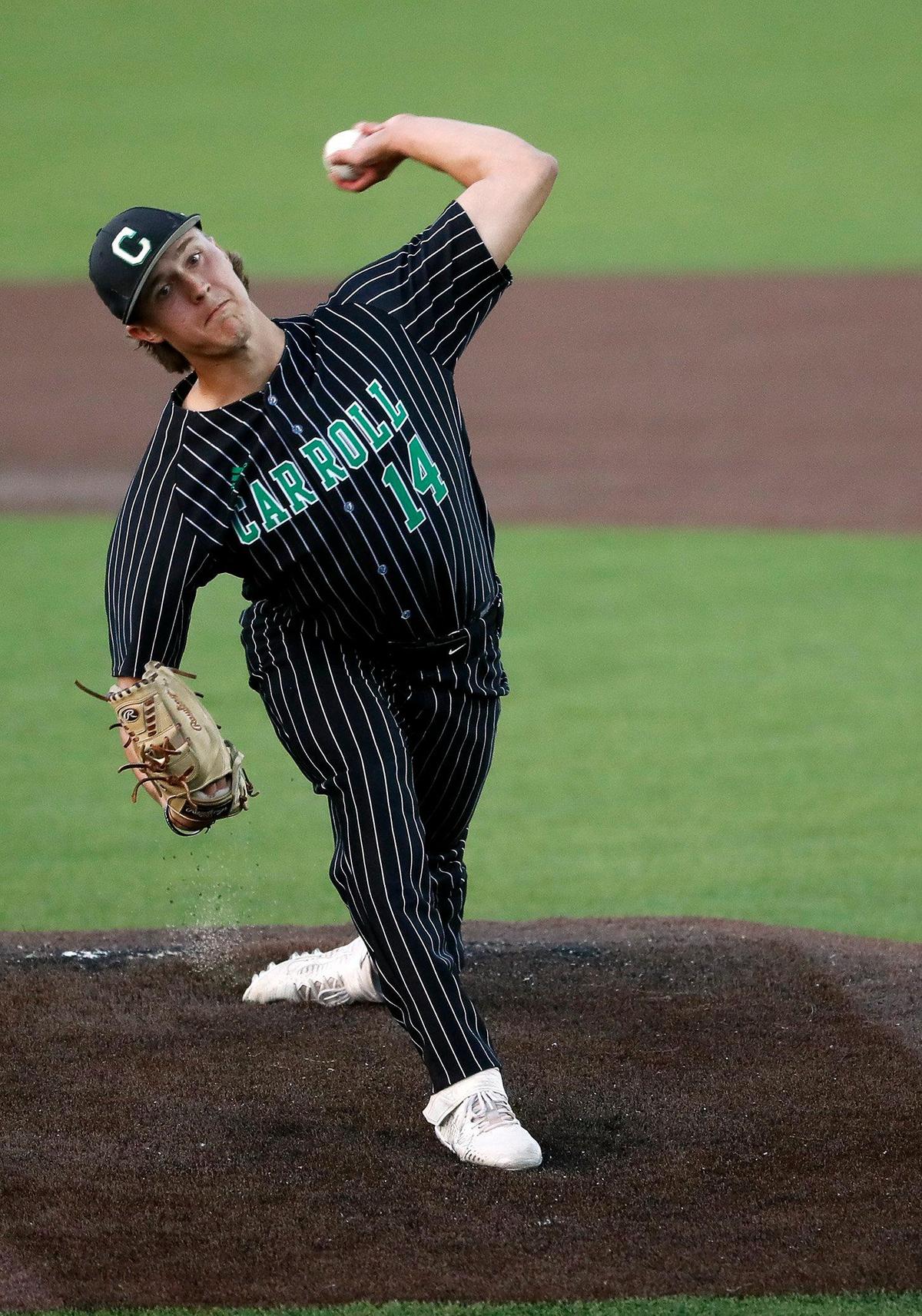 Carroll pitcher Griffin Herring (14) works in the third during a UIL 6A Region I bi-district playoff baseball game at Carroll Senior High School in Southlake, Texas, Thursday, May 05, 2022. Carroll defeated Bell to move on to the area round. (Special to the Star-Telegram Bob Booth)