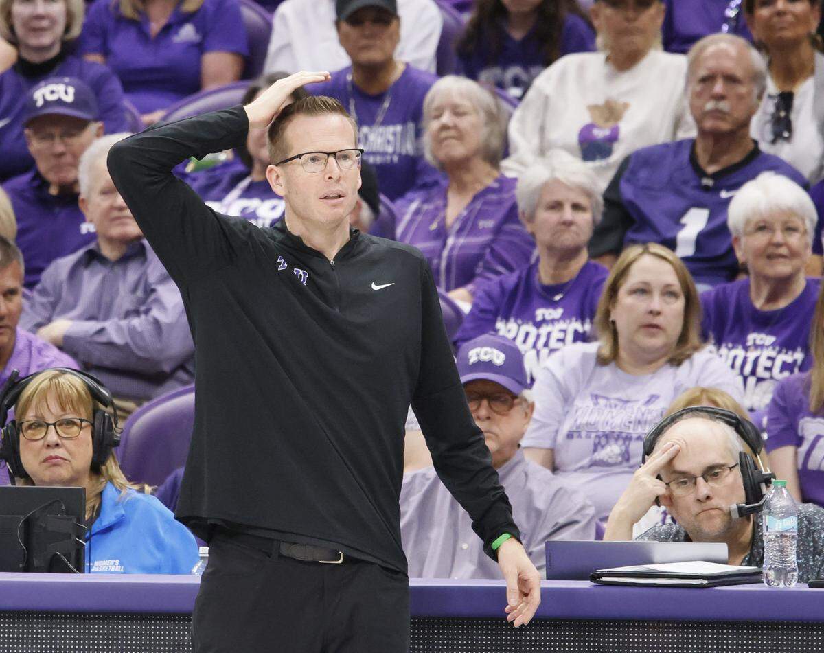 TCU head coach Mark Campbell watches his team as they play UC San Diego during the second half of an NCAA Division I Women's Basketball Championship game at Schollmeier Arena in Fort Worth, Texas, Friday, March, 20, 2026.