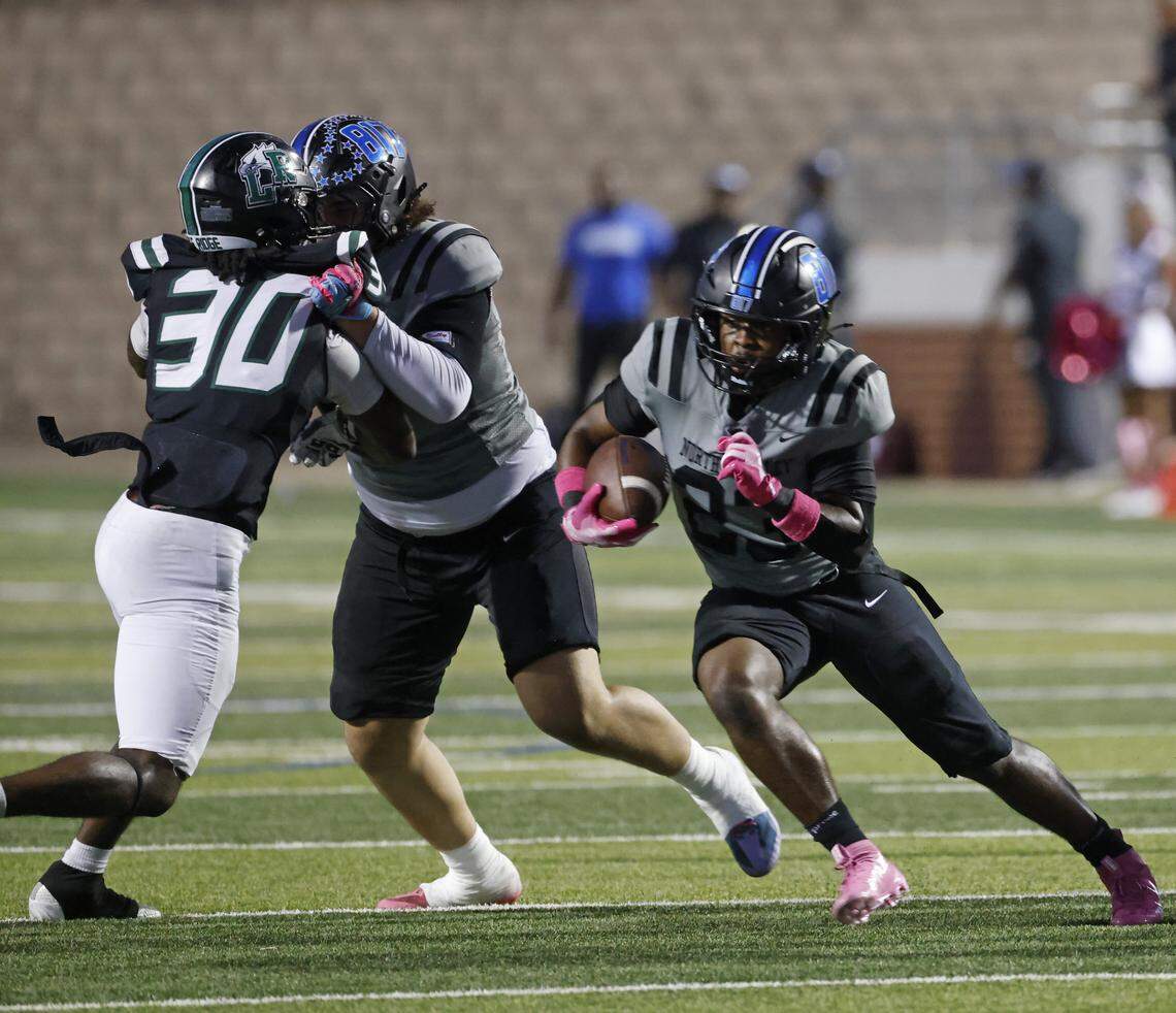 North Crowley running back Kiante Ingram (23) cuts to the outside during the first half of a UIL football game between North Crowley and Lake Ridge at Vernon Newsom Stadium in Mansfield, Texas, Thursday, October 9, 2025.