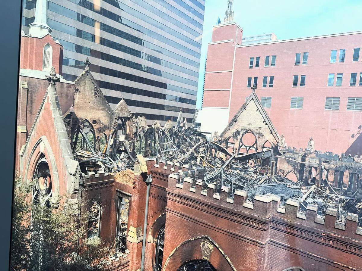 Damage to the historic sanctuary building at First Baptist Dallas after a fire on Friday, July 19, 2024.