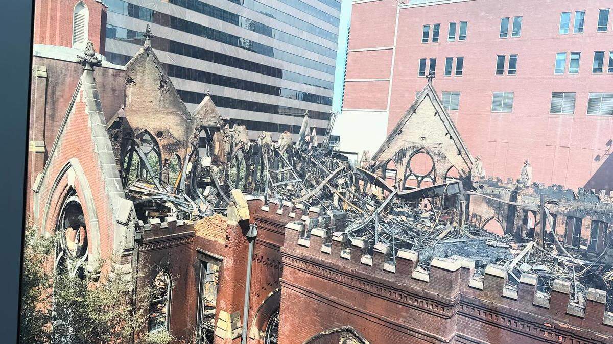 Damage to the historic sanctuary building at First Baptist Dallas after a fire on Friday.