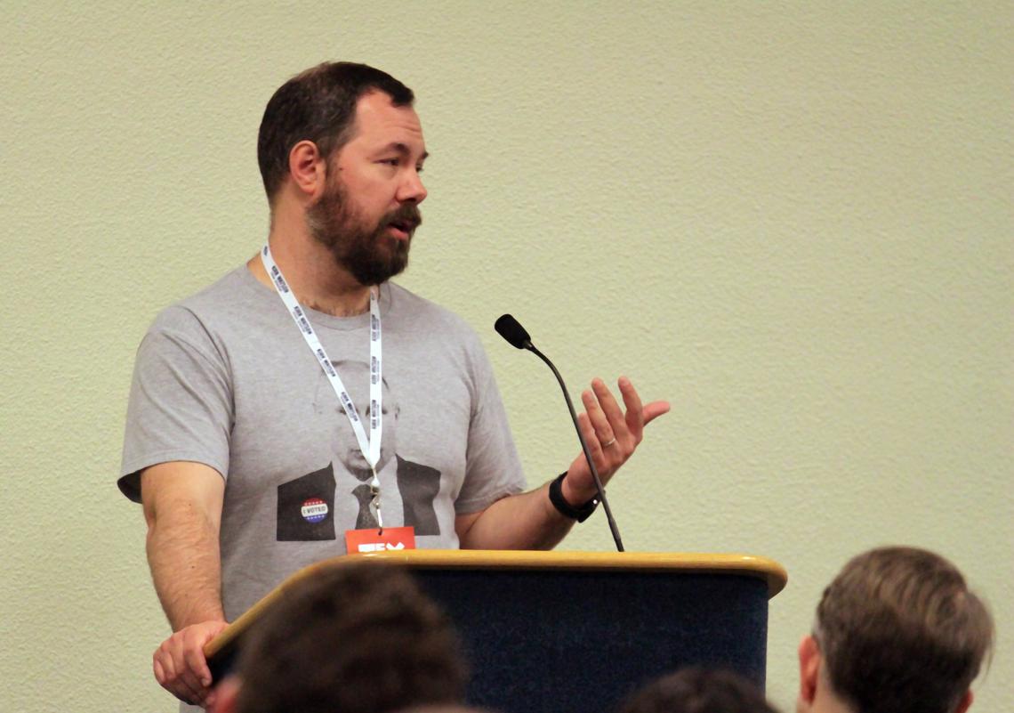 Josh Berthume, managing director of Rogue Metrics, speaks during a training session at the Texas Democratic Convention on Saturday at the Fort Worth Convention Center area.