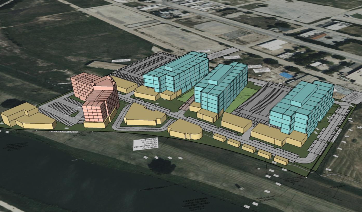 A site rendering for Vaquero Panther Island shows potential for office, retail and hotel space.