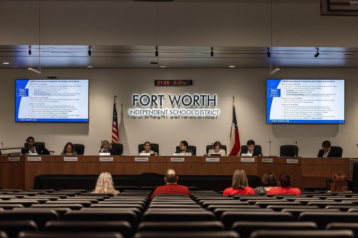 Fort Worth ISD Superintendent Karen Molinar gives a presentation on student academics and the district’s instructional framework during a school board meeting at the District Administration Building on Tuesday May 20.