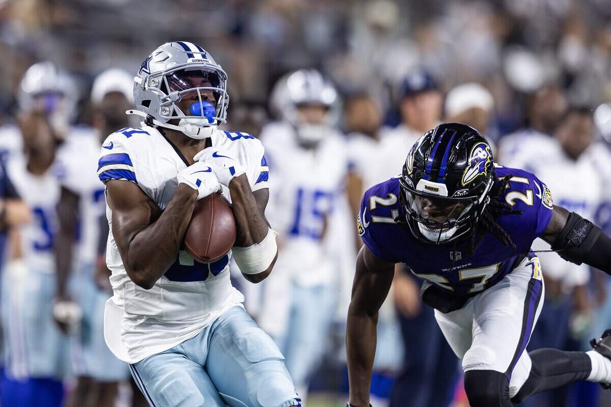 Cowboys wide receiver Jonathan Mingo (81) catches a long pass from quarterback Joe Milton in the first half of an NFL preseason game between the Dallas Cowboys and the Baltimore Ravens at AT&T Stadium in Arlington on Saturday, Aug. 16, 2025, 