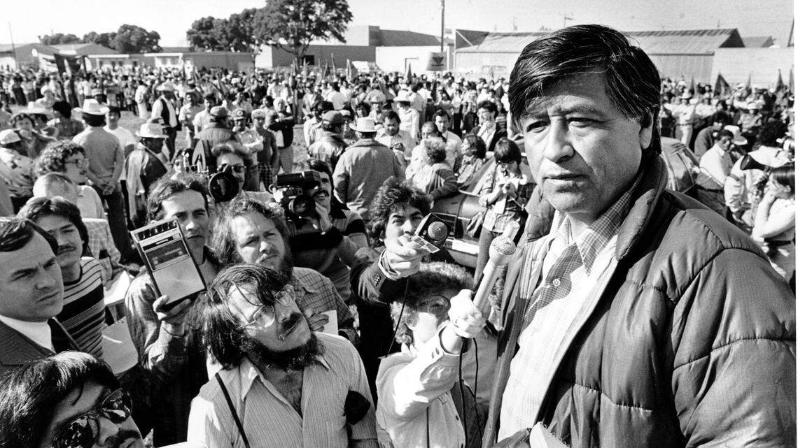 United Farm Workers President César Chávez talks to striking Salinas Valley Farm workers during a rally in Salinas, Calif., in 1979. Students in Fort Worth schools will honor the leader with a new holiday that starts next year.