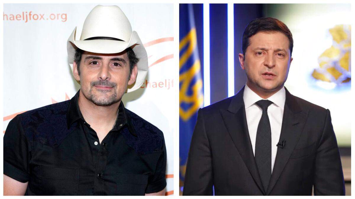 Country musician Brad Pasisley (left) has featured Ukraine President Volodymyr Zelenskyy in his new song, “Same Here.”