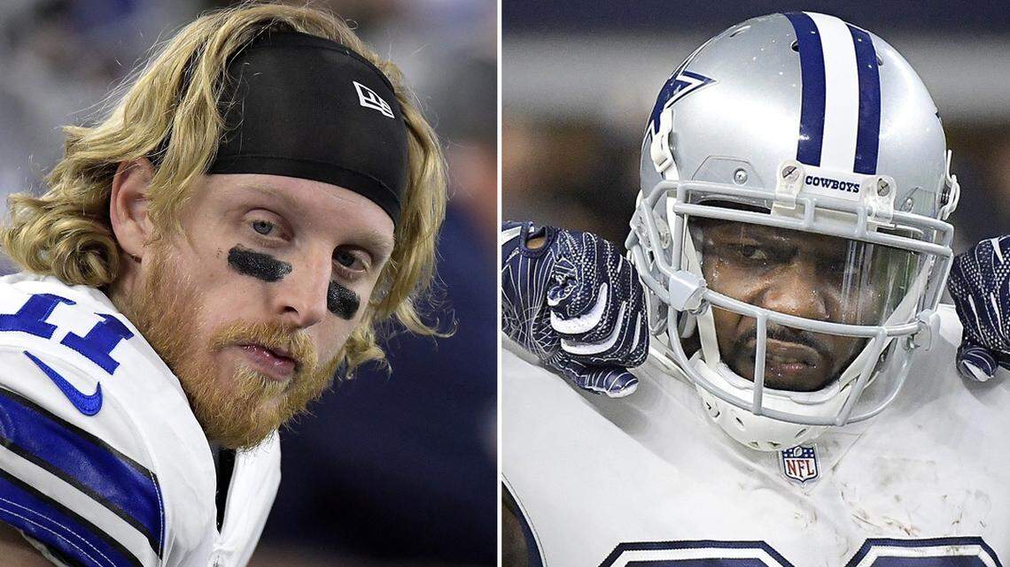 Cowboys wide receiver Cole Beasley and former Cowboys receiver Dez Bryant are pictured in this composite image.