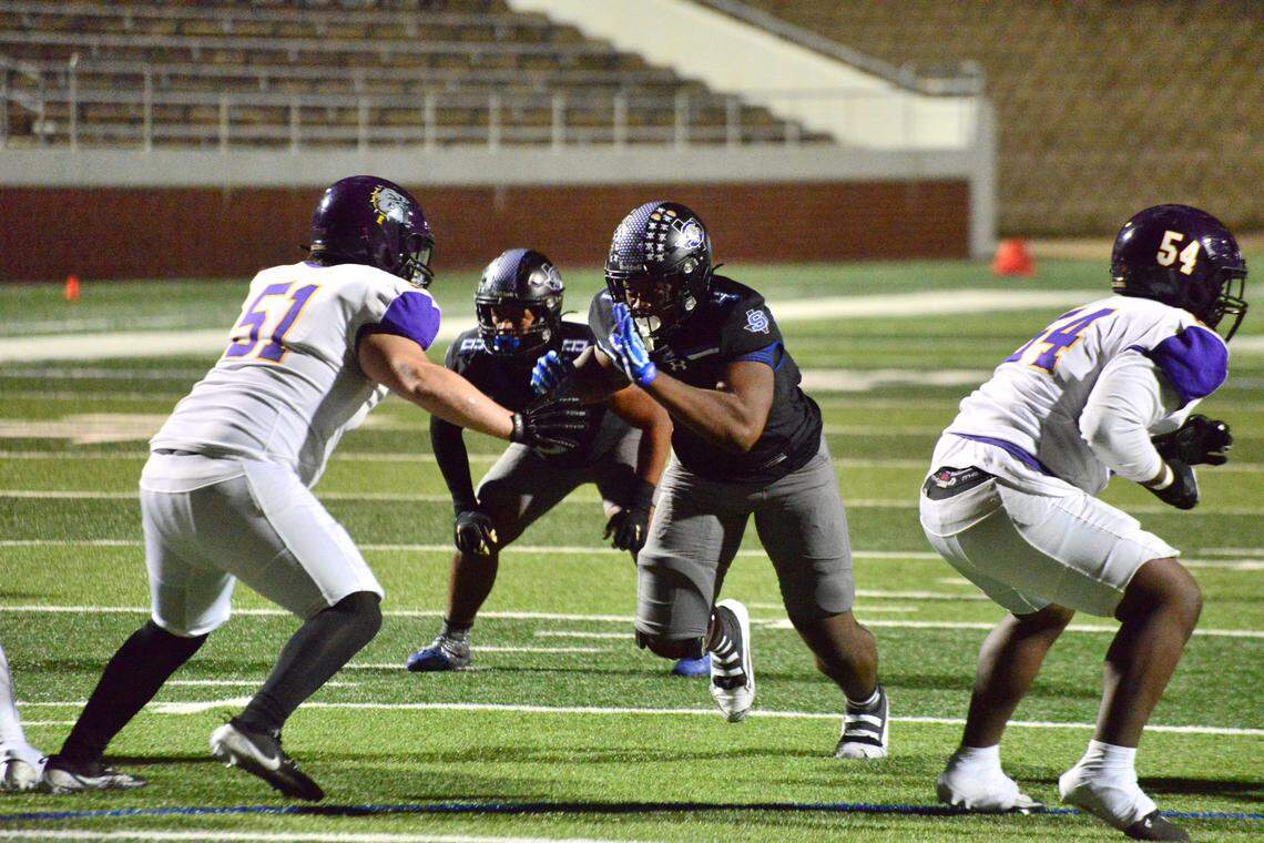 Mansfield Summit defensive lineman Travis Buhake was a menace against Everman in the Jaguars 21-0 win over the Bulldogs on Thursday, Oct. 31, 2024 at Newsom Stadium in Mansfield, Texas. Buhake and the Summit defense allowed 58 yards of total offense.