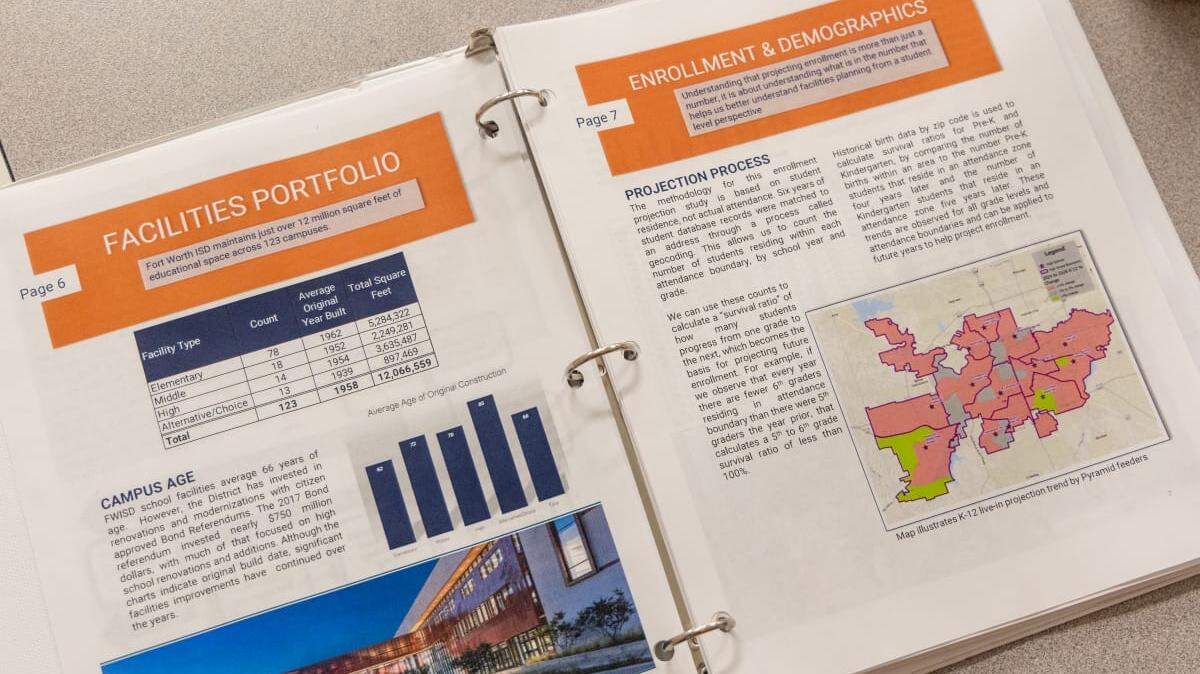 A notebook lays open on a table with a Fort Worth ISD facilities profile inside.