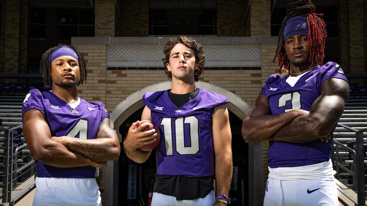TCU football running back Cam Cook, left, quarterback Josh Hoover, middle, and wide receiver Savion Williams at Amon G. Carter Stadium in Fort Worth on Wednesday, Aug. 14, 2024.