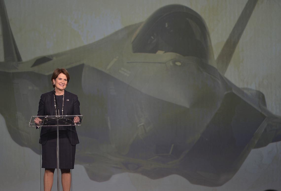 Marillyn Hewson, Chairman, President and CEO, Lockheed Martin, speaking during the public 'roll out' of the first Republic of Korea Air Force (ROKAF) F-35A Lightning II at Lockheed Martin Aeronautics in Fort Worth, TX, Wednesday, March 28, 2018.