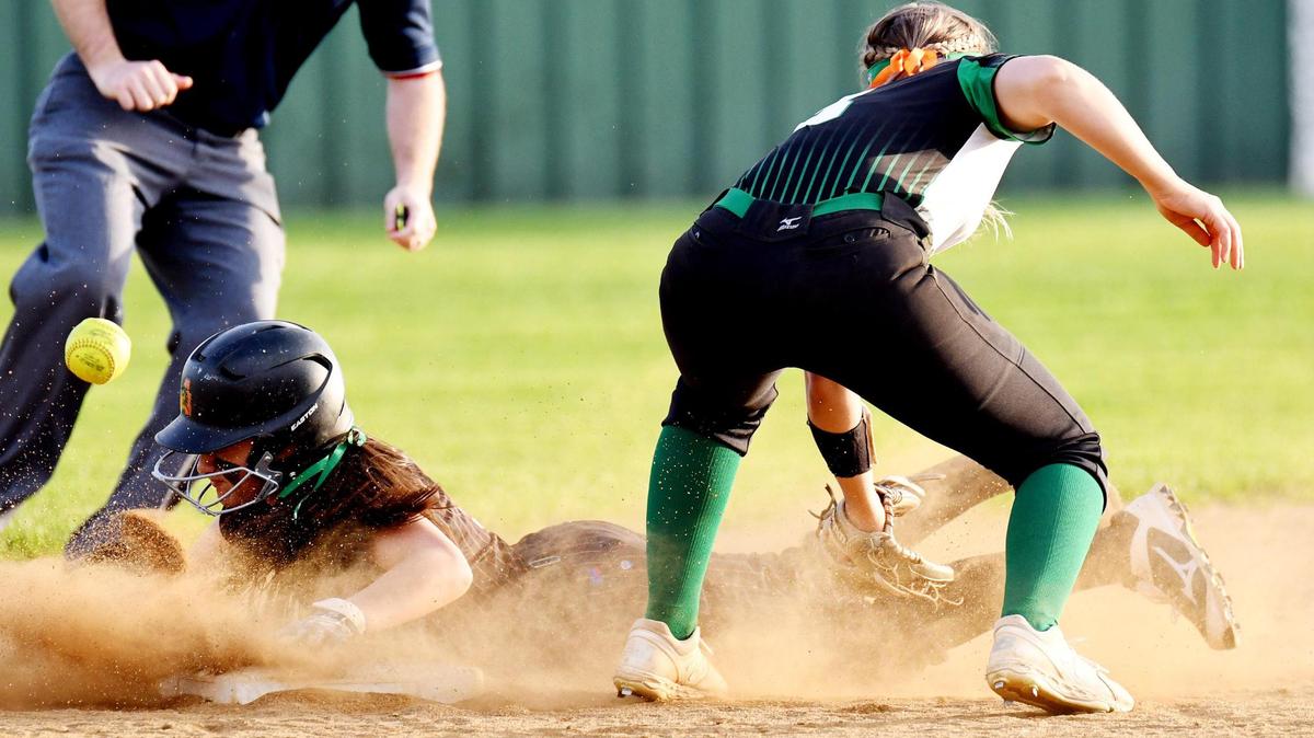 Aledo’s Macy Graf, left beats the throw to Azle’s Rachel Baumann to steal second base in the seventh inning of their Class 5-5A softball game against Azle, Tuesday March 16, 2021 at Azle High School in Azle, Texas. Aledo went on to win 4-0. Special/Bob Haynes