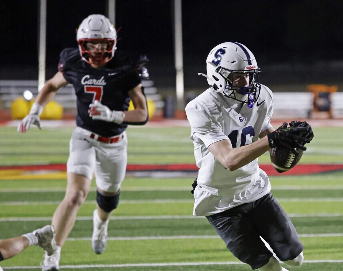 All Saints wide receiver Jaytn Briles grabs a touchdown pass all alone during the second half against Fort Worth Christian on Friday at Barrow Field in North Richland Hills.