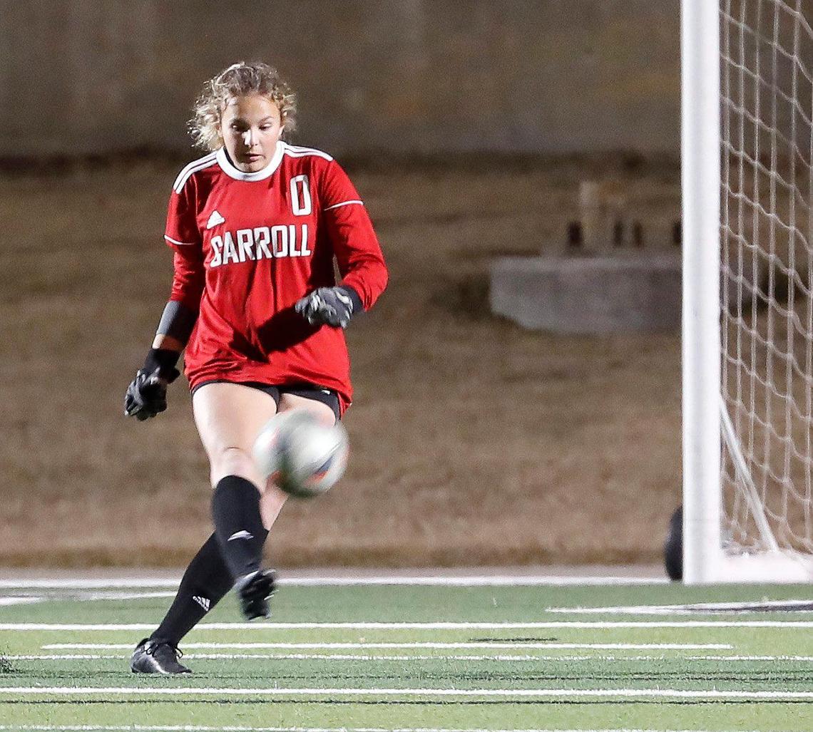 Carroll goal tender Olivia Geller puts the ball in play during a high school girls soccer game at Dragon Stadium in Southlake, Texas, Wednesday, Feb. 09, 2022. Carroll defeated Eaton 8-1. (Special to the Star-Telegram Bob Booth)