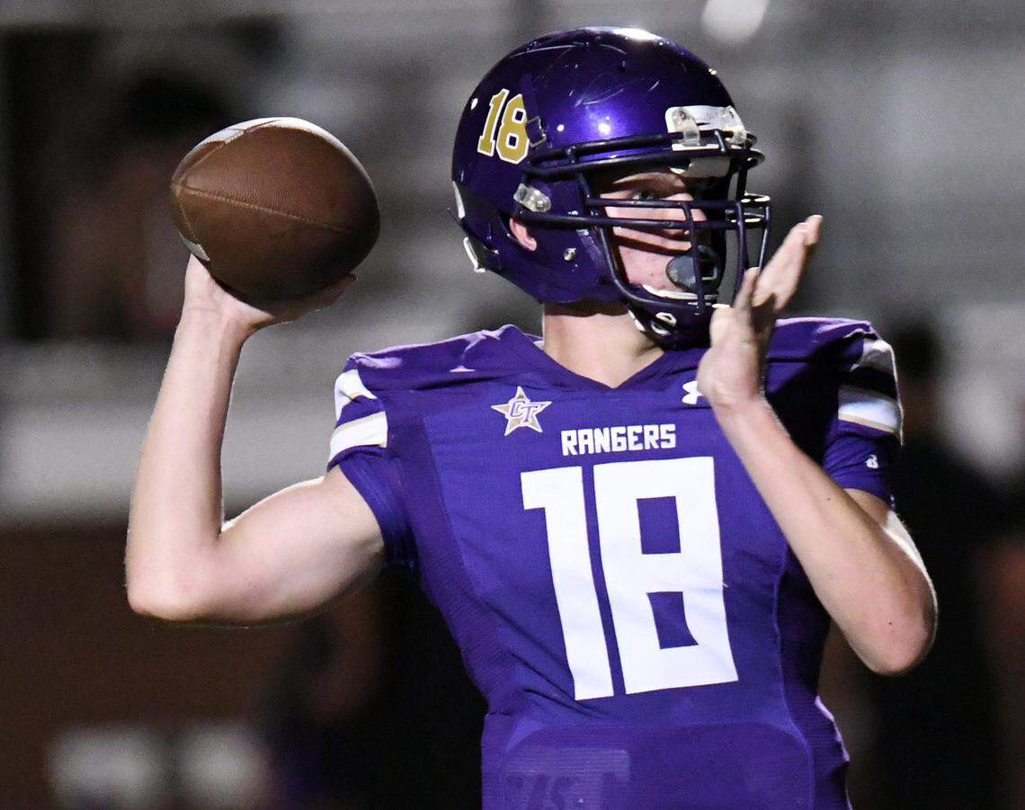 Chisholm Trail quarterback Jesse Cantrell throws for a two point conversion to cut the Haltom lead 22-8 in the third quarter of their district 3-6A football game Friday, September 17, 2021 at Chisholm Trail High School in Saginaw, Texas. Haltom went on to win 43-8. Special/Bob Haynes