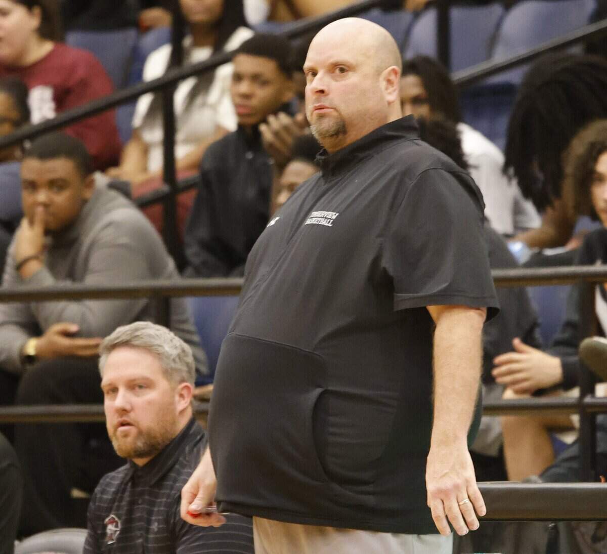 Mansfield Timberview head coach Matt Workman reacts to a play against Mansfield Summit during the first half of a UIL boys basketball game at Mansfield Timberview High School in Arlington, Texas, Tuesday Feb. 10, 2026.