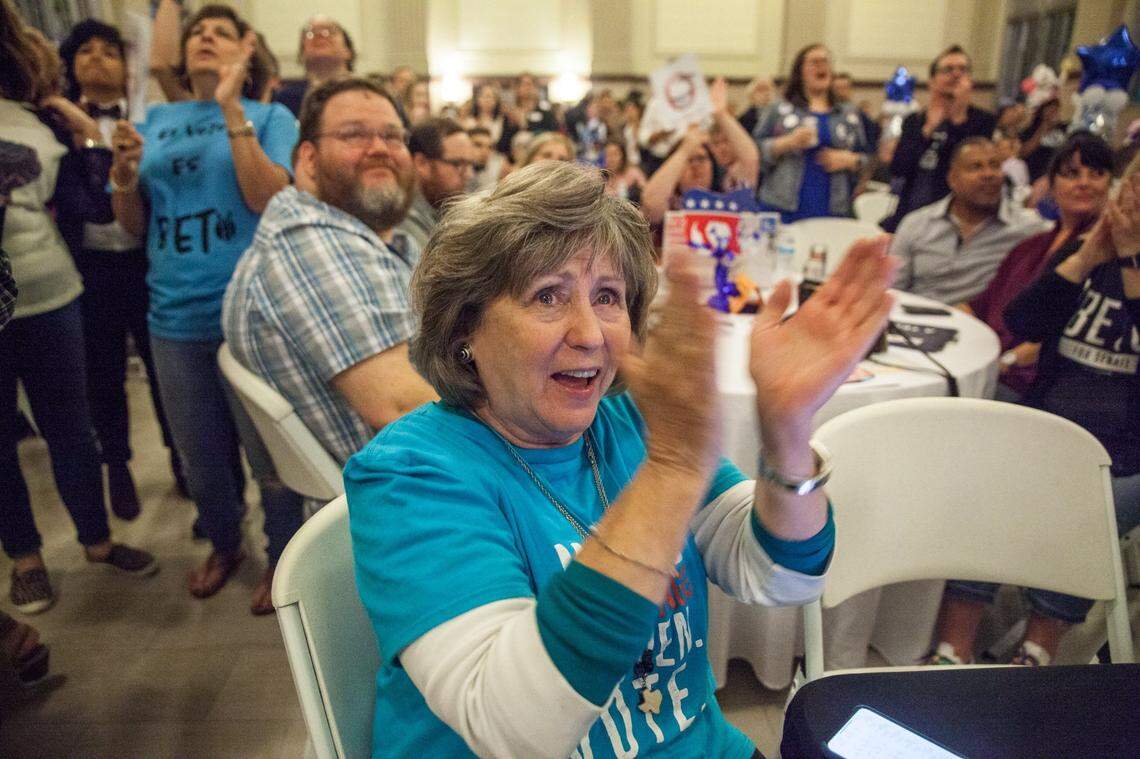 Nov. 6, 2018: Pam Durham, first vice president of the Tarrant County Democratic Woman’s Club, cheers as Democratic candidates rise in voting results on election night during a watch party at T&P Station Ballroom.