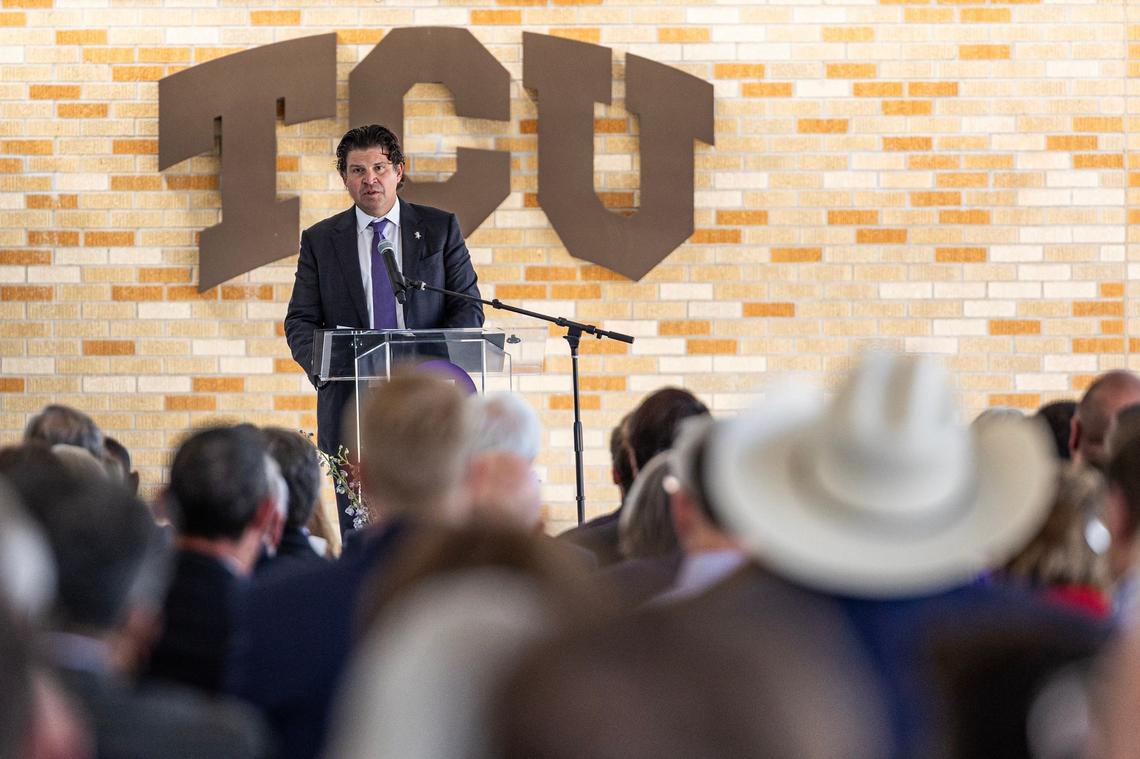 TCU President Daniel Pullin speaks during a dedication ceremony for the new TCU Burnett School of Medicine in Fort Worth’s Near Southside on Sept. 24, 2024.