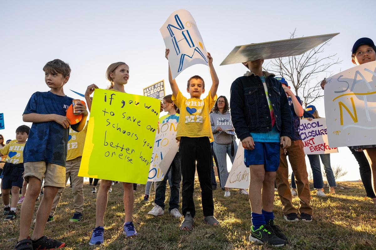 Students of North Hi Mount Elementary School join together for a rally prior to the third Fort Worth Independent School District community meeting to discuss potential school closures at Benbrook Middle-High School on Thursday, Feb. 27.
