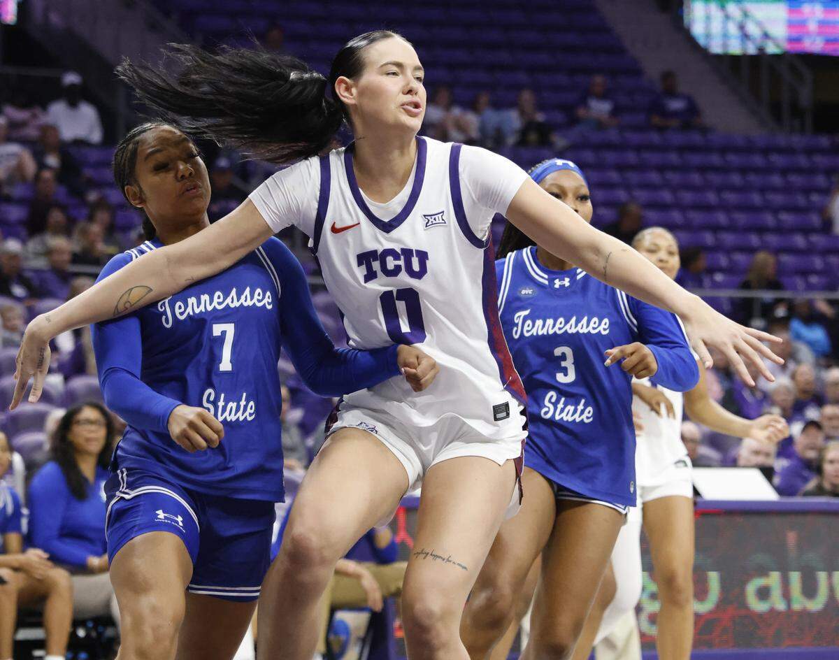 TCU center Kennedy Basham (0) attempts to keep the lane clear during the second quarter of a NCAA women's basketball game between Tennessee State and TCU at Schollmaier Arena in Fort Worth, Texas, Wednesday Nov. 12, 2025.