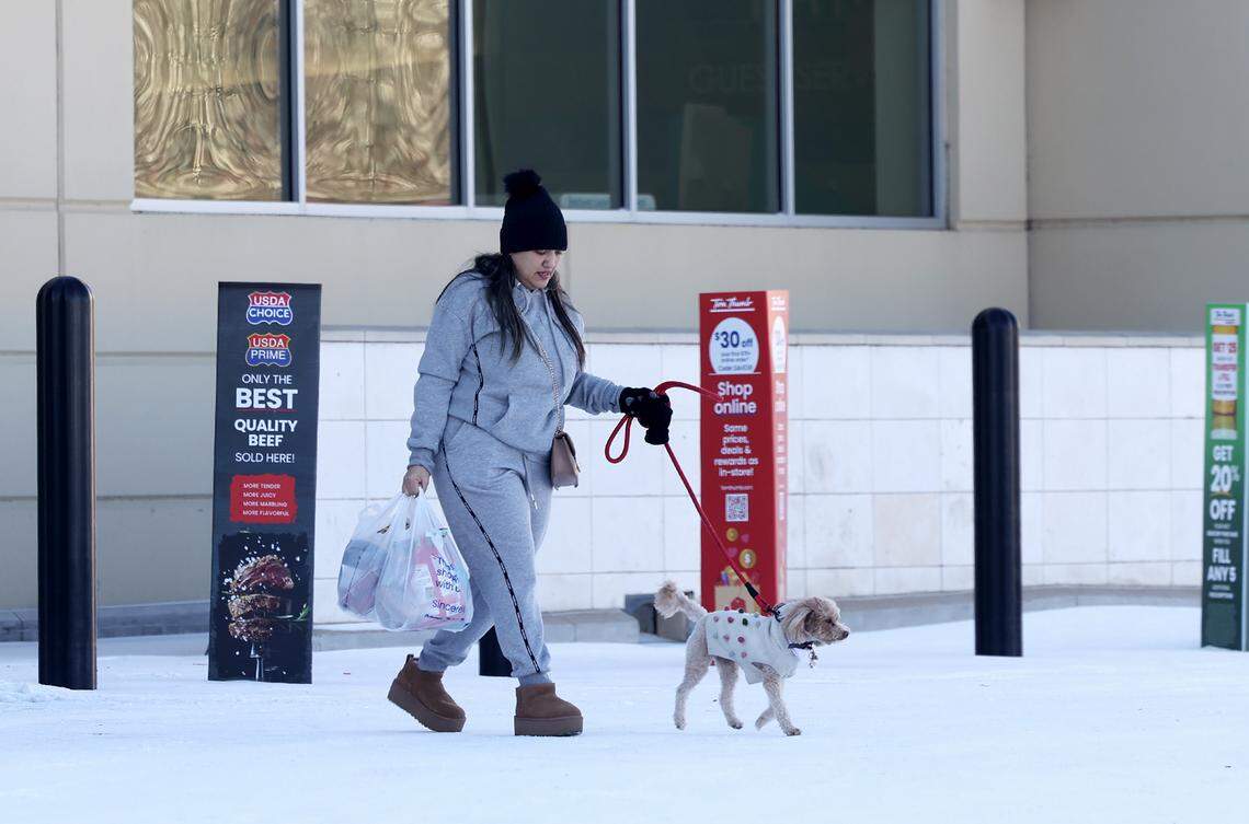 Krystal Lopez and her dog, Coco, leave a Tom Thumb store in Fort Worth after picking up groceries on Monday, Jan. 26, 2026.