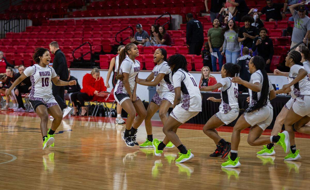 The Mansfield Timberview girls basketball team celebrates after defeating Argyle 44-35 in the Class 5A Region I title game on Saturday, February 24, 2024 at the Yeager Coliseum in Wichita Falls, Texas.