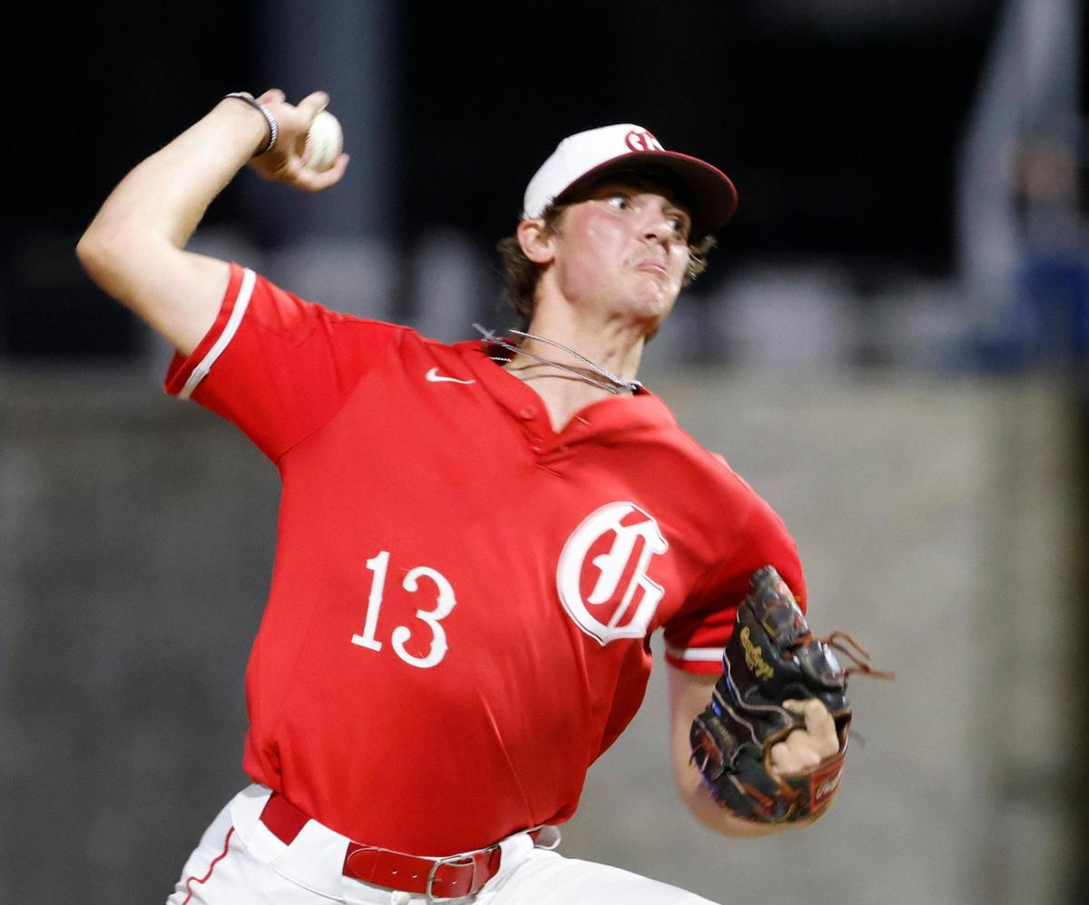 Grapevine pitcher Sam DuRard (13) tosses the last pitch of the game, a fast ball, with bases loaded during a UIL 5A D2 semifinal baseball game at Riders Park in Frisco, Texas, Friday, May 30, 2025.